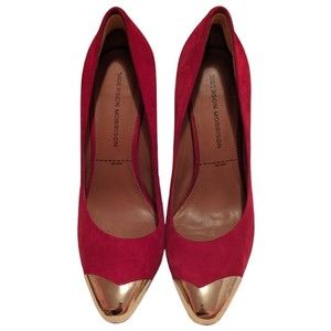 Sigerson Morrison Red Suede Gold Tip Pumps Heels 8.5 Colorful Party Shoes